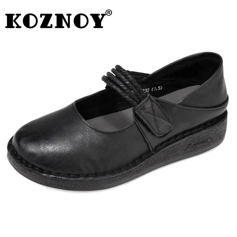 

Koznoy 3cm 2022 Retro Ethnic Autummn Spring Round Toe Genuine Leather Comfy Women Leisure Soft Flats Loafers Shallow Hook Shoe