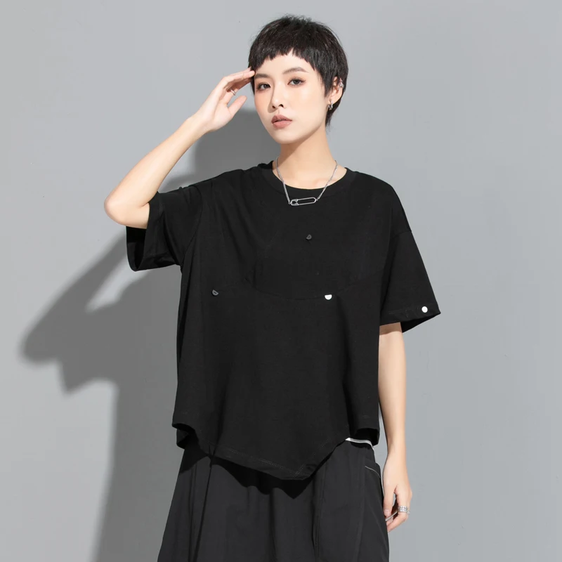 

SuperAen 2022 Summer Irregular Patchwork Slim O Neck T-shirt Casual Loose Short Pullover Women's Tops