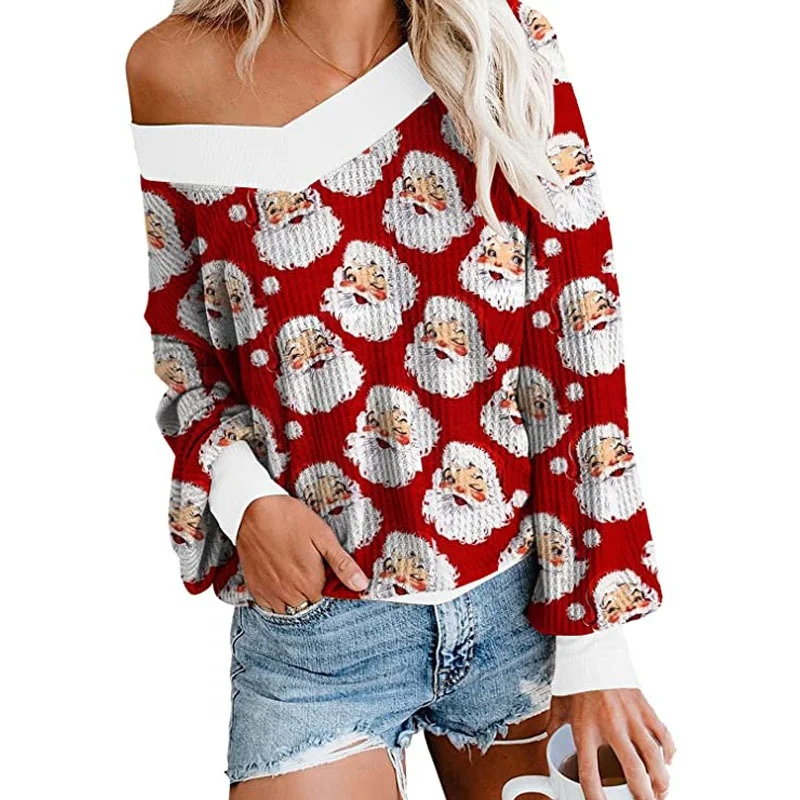 

Women's Autumn and Winter Christmas Print V-neck Ribbed Pullover Shirt Spliced Shirt Casual Tops