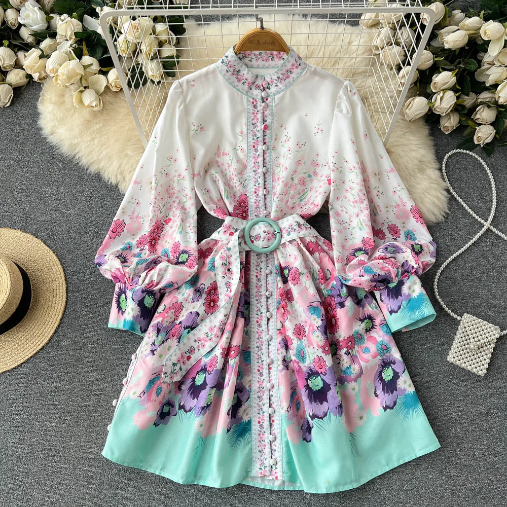 

Palace Style Niche Design Sense Printed Lantern Sleeve Dress Autumn Women's Waist A-line Shirt Short Skirt Trend