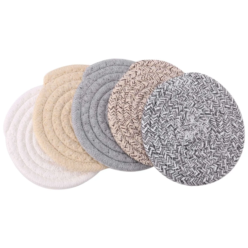 

A63I Round Cotton Braided Table Place Mats Coaster Non-Slip Table Mats Set Of 5 Cups Dining Kitchen Washable Small