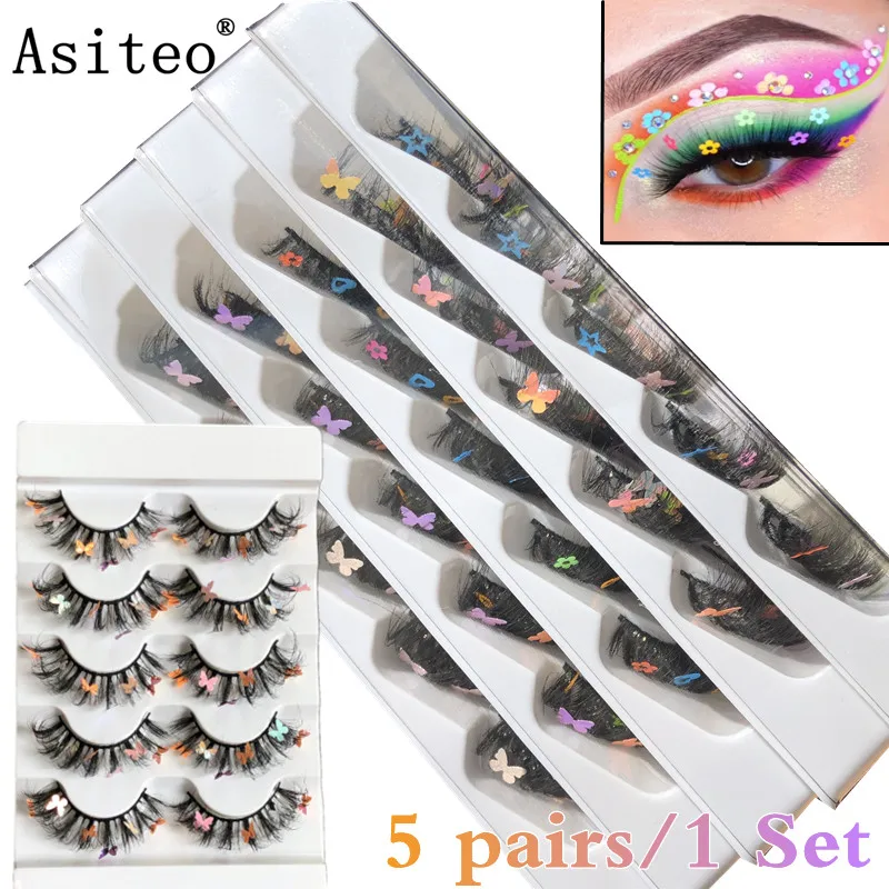 Asiteo 5 pairs Butterfly Lashes 3D 5D Messy Fluffy Faux Mink Lash Bulk Wholesale Flower Diamond False Eyelashes Music Festival