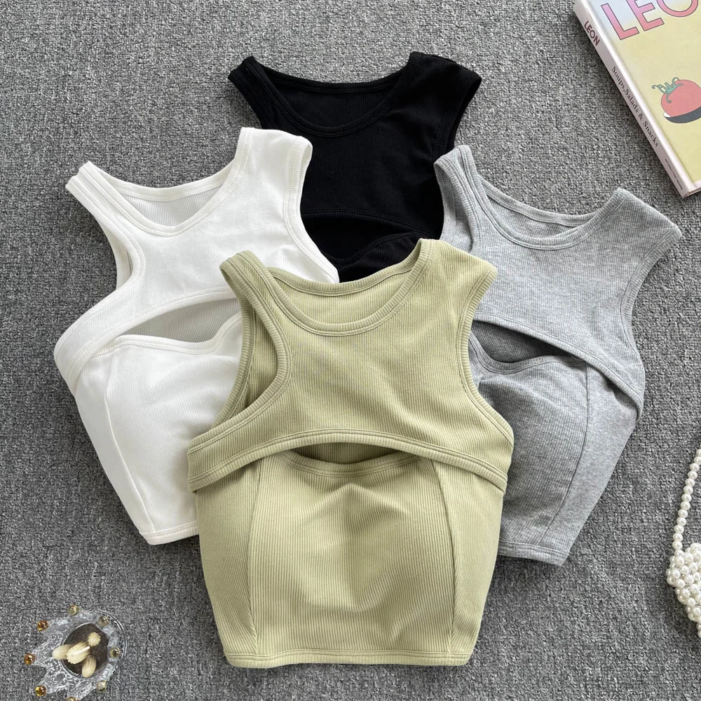 

Summer Casual Tank Camis For Women Sleeveless Hollow Out Corset Crop Tops With Built in Bras Woman Tanks Camisoles Dropshipping