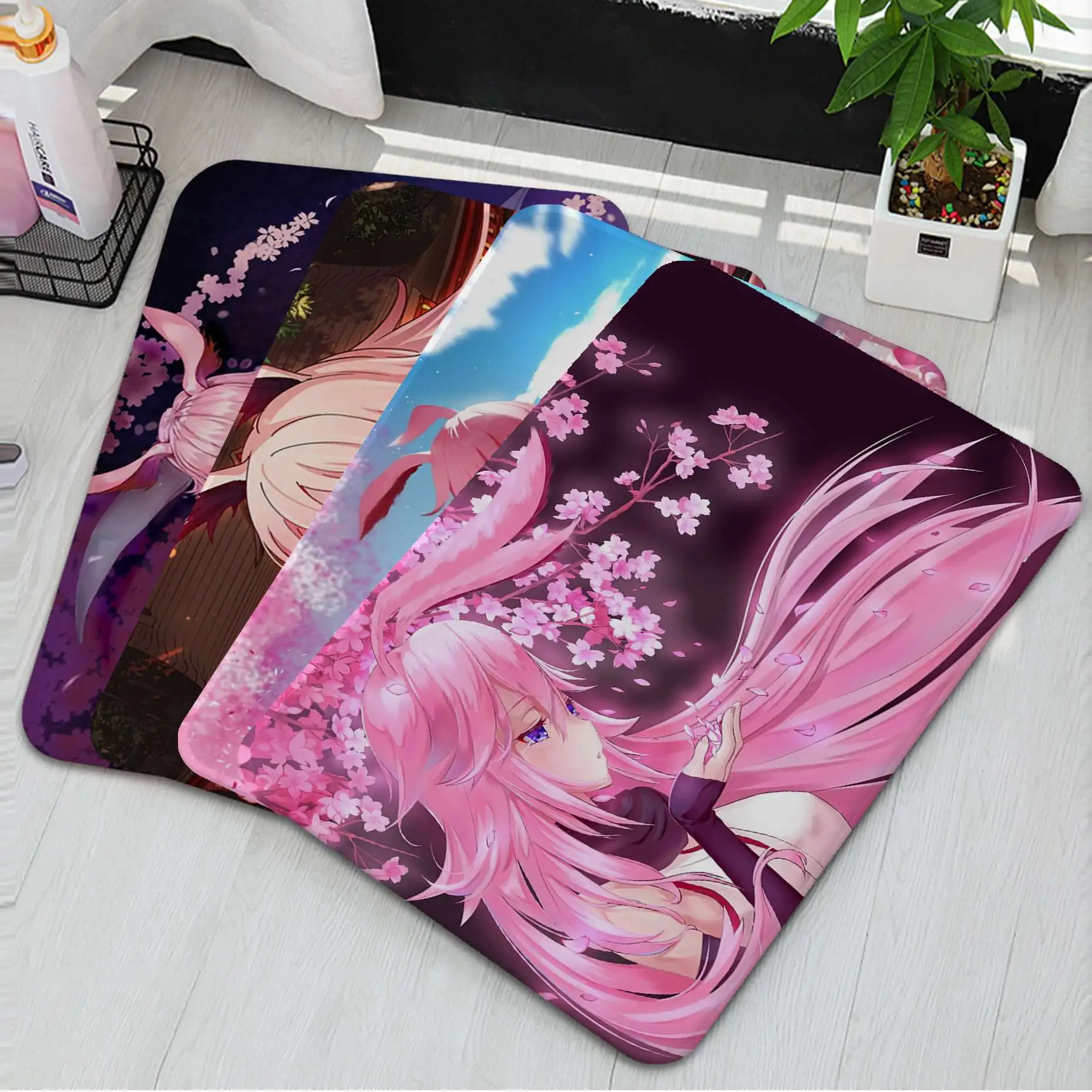 

Anime Pink Flower Hair Girl Printed Flannel Floor Mat Bathroom Decor Carpet Non-Slip For Living Room Kitchen Welcome Doormat