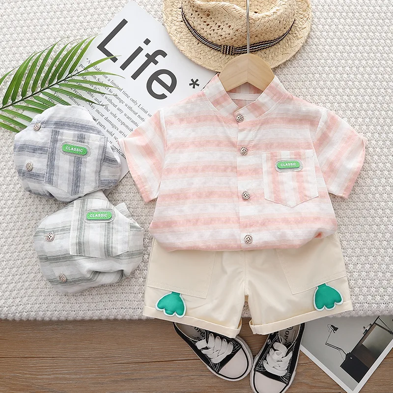 

2023 Summer Children's Short Sleeve Shirts Boys and Girls' Striped Sleeve Shirts Shorts Two Piece Set