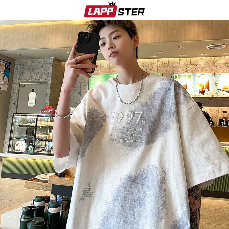 

LAPPSTER 230gsm Embroidery Y2k Streetwear T Shirts 2023 Summer Mens Japanese Tie Dye Printed Tshirts Korean Fashions Chic Tees