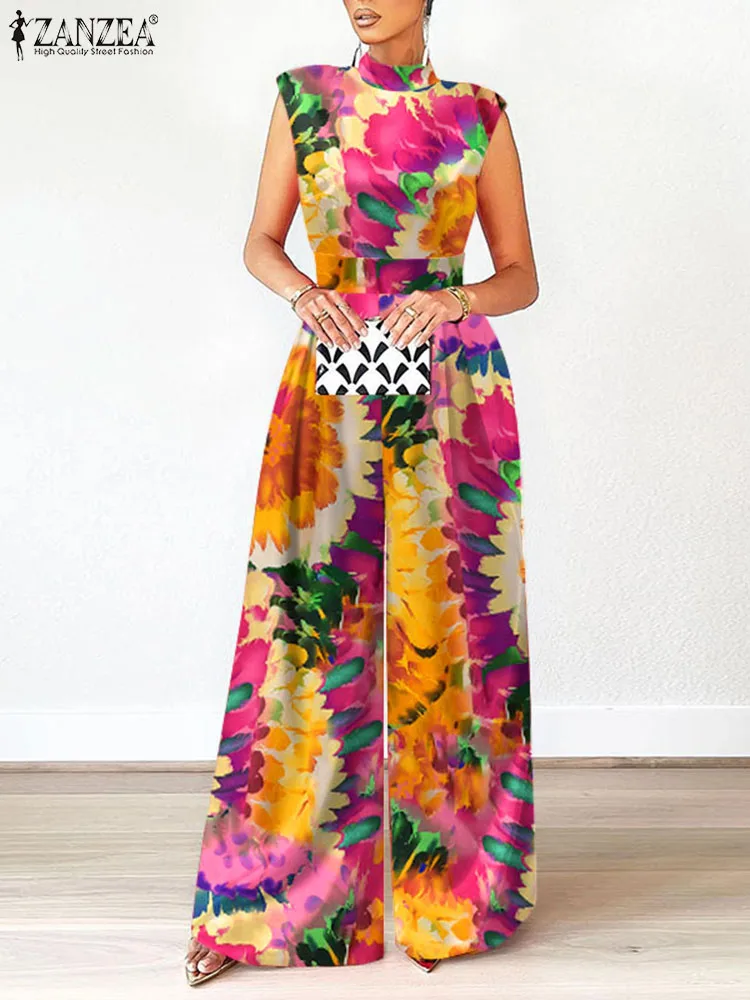 

Женский Длинный комбинезон без рукавов, с высоким воротником и цветочным принтом