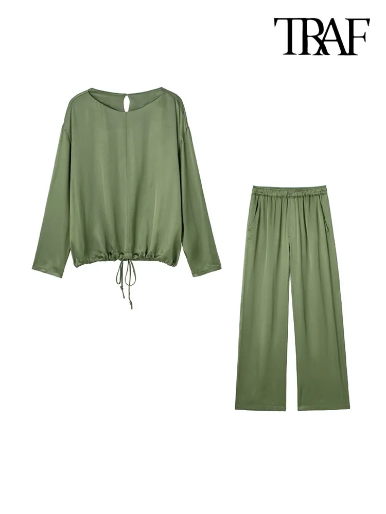 

Женский комплект из двух предметов, атласная блузка и брюки со средней посадкой и поясом на резинке