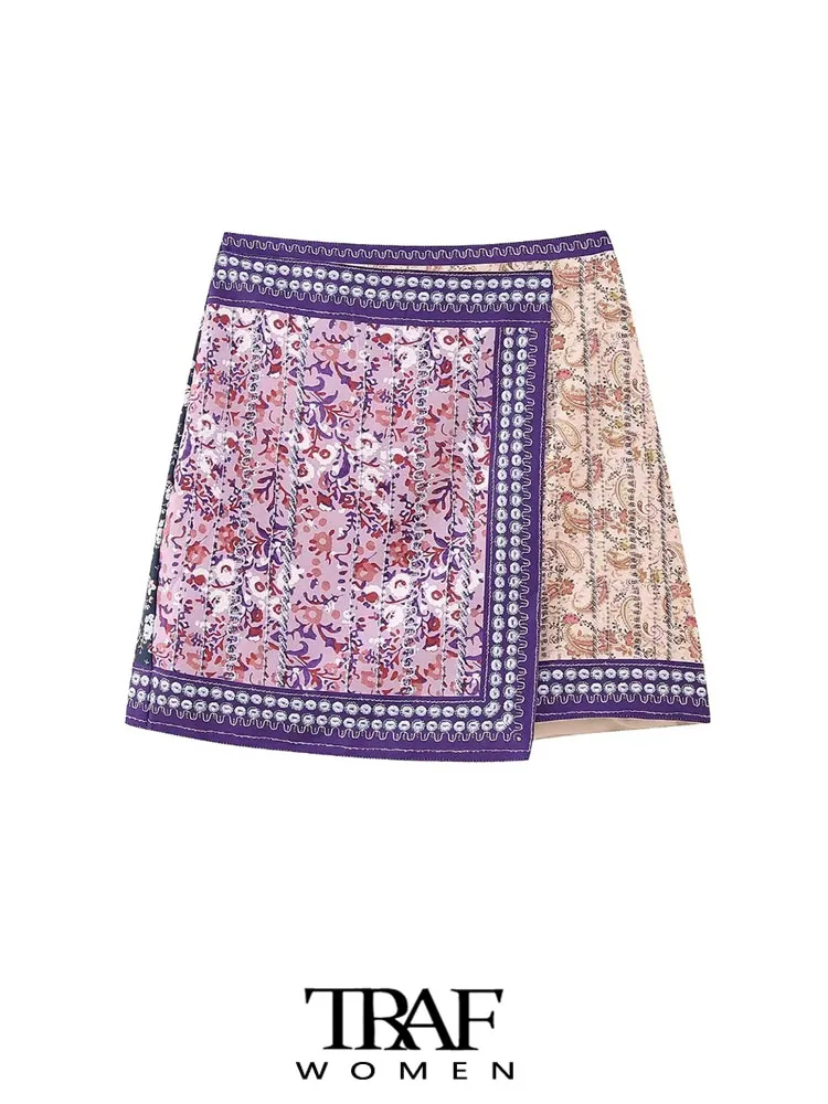 

TRAF Women Fashion Printed Asymmetric Mini Skirt Vintage High Waist Side Zipper Female Skirts Mujer