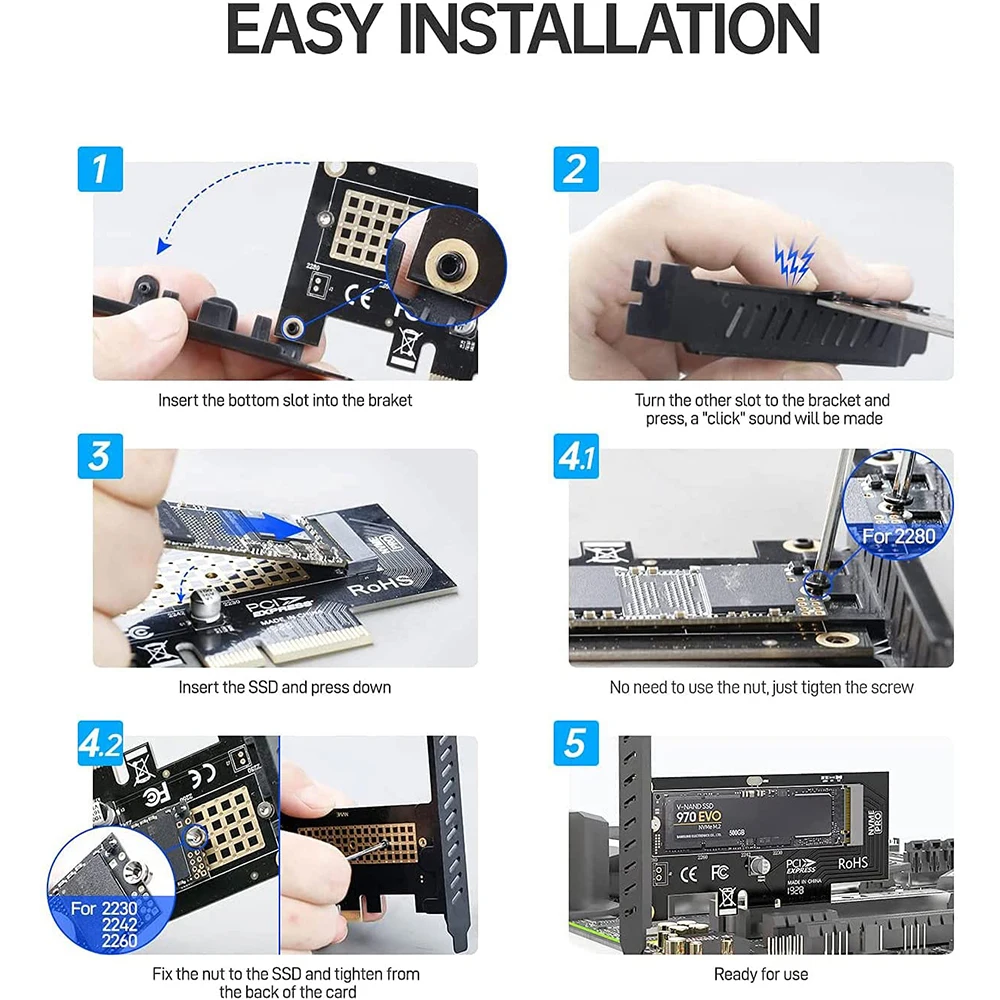 Адаптер JEYI M.2 PCIe-NVMe с алюминиевым радиатором 64 Гбит/с PCIe4.0 X4 Gen4 NVMe Расширительная
