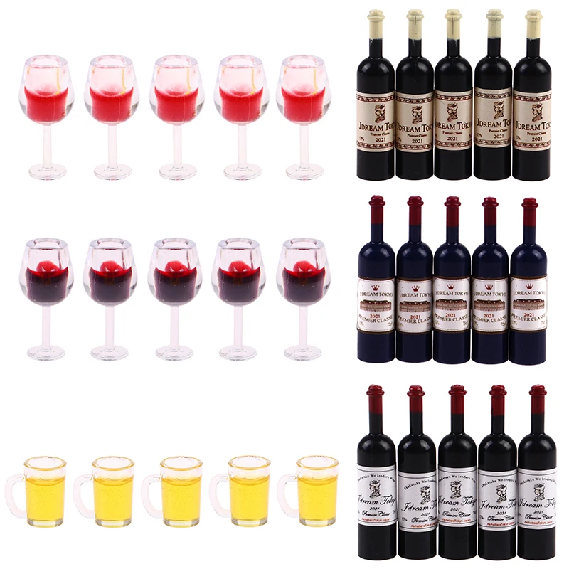 5Pcs 1:12 Dollhouse Miniature Wine Cup Beer Mug Wine Bottle Model Furniture Dollhouse Decoration Accessories