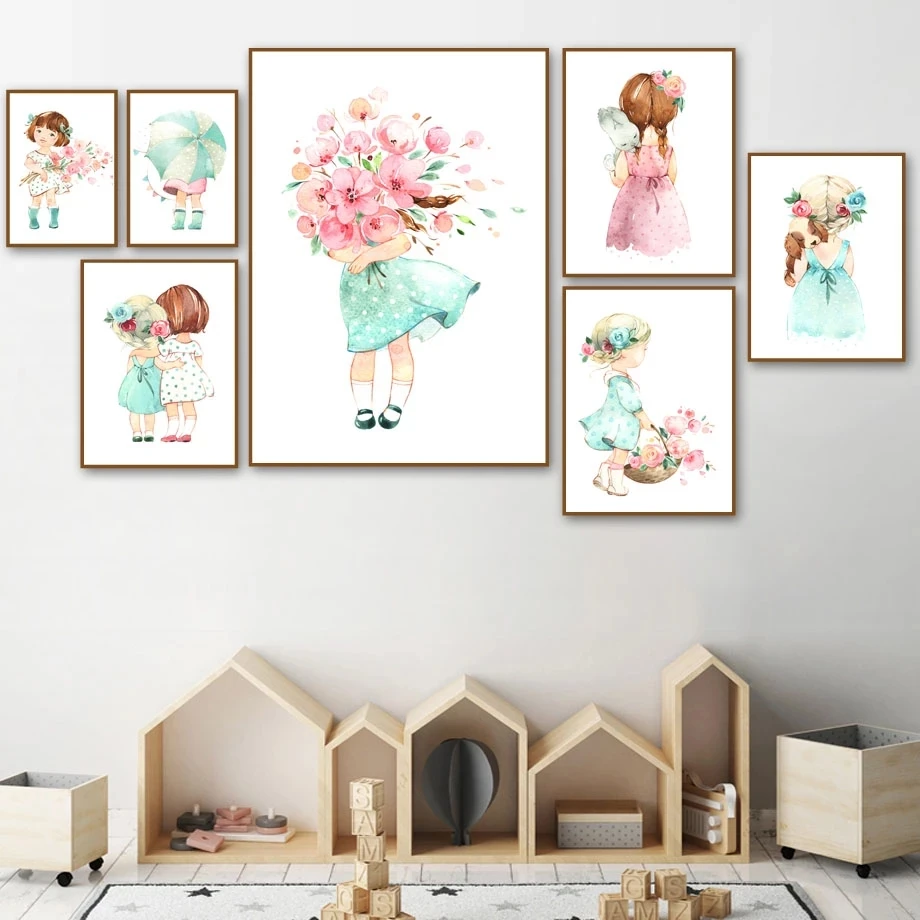 

Nordic Girl Room Decor Poster Cute Baby Girl Rose Flower Umbrella Canvas Painting Cartoon Wall Pictures for Nursery Decoration
