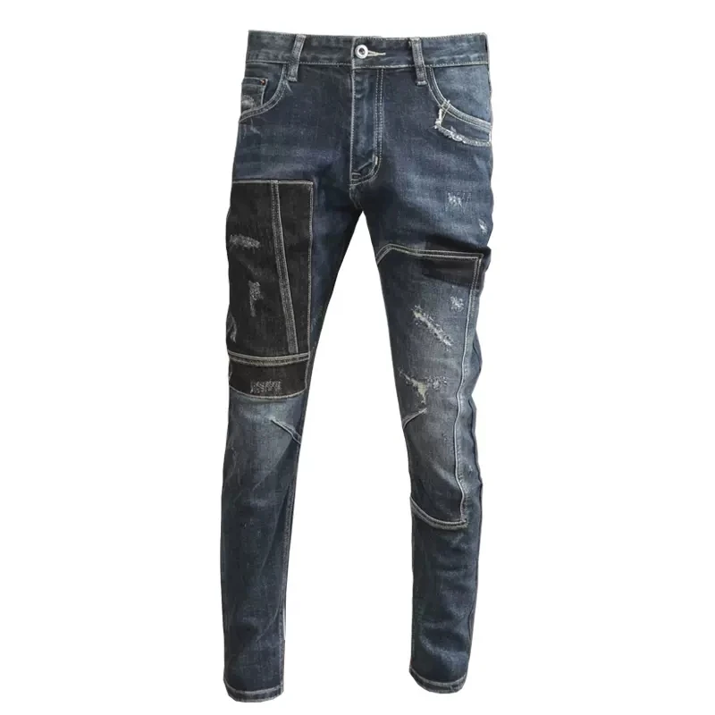 Men Blue Ripped Jeans Autumn Streetwear Black Patchwork Slim Fit Pencil Pants Korean Style Casual Denim Trousers CP2022