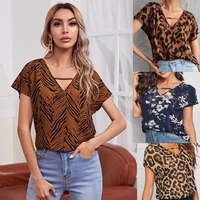 leopard print short sleeve v neck t shirt for women summer fashion breathable casual tops female clothing