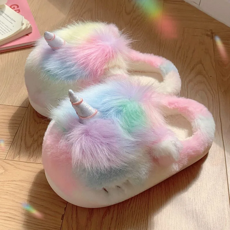 

2023 Cute Colorful Unicorn Slippers Women Fluffy Fur Slippers Platform Indoor House Shoes Winter Cartoon Animal Cozy Home Slides