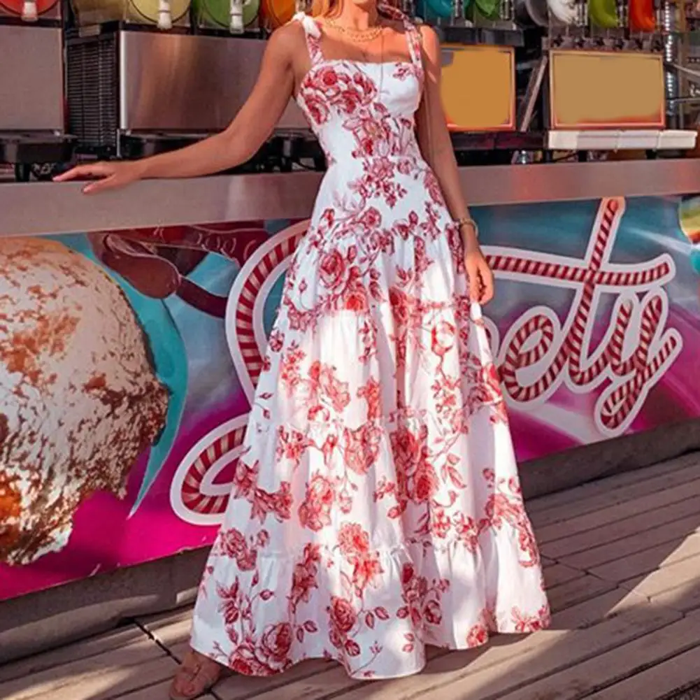 

Popular Beach Dress Women Party Dress Patchwork Sling Long Dress Large Hem