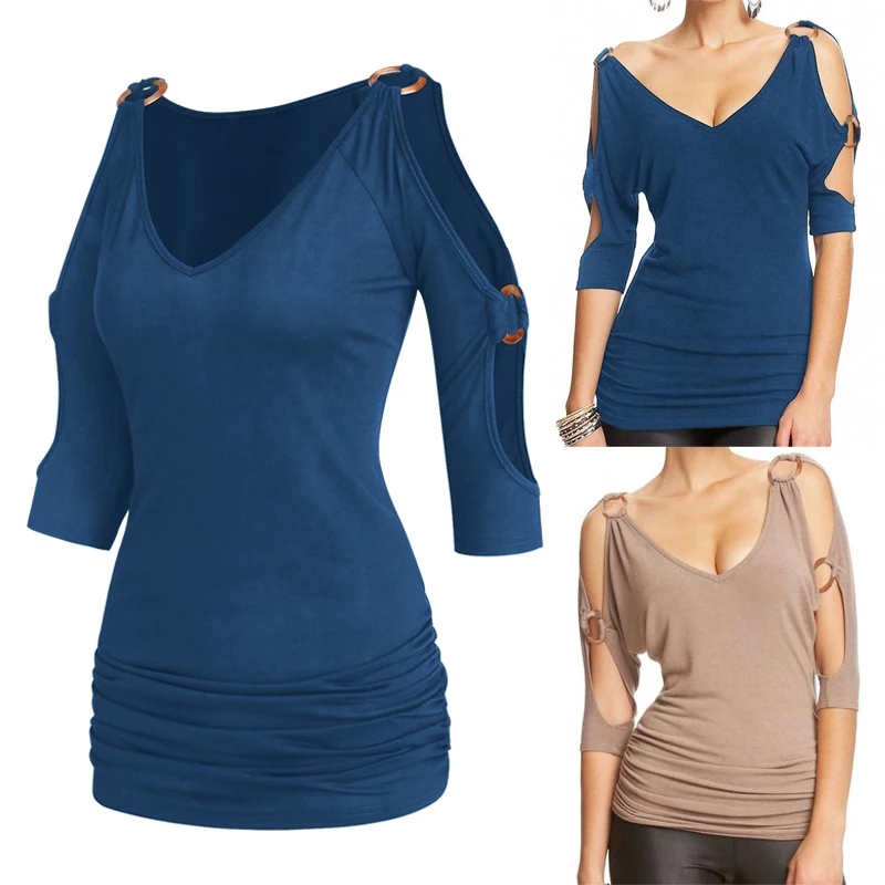 

Cold Shoulder Top For Ladies O Ring Ruched Long V Neck Casual Tee Short Sleeve Solid Color Spring Summer New Fashion Loose Tops