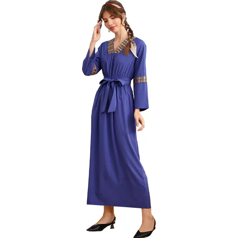 Embroidery 2023 V Neck Long-sleeved Lace-up Long Dress Middle East Muslim Fashion Vestidos Arabes Dubai Y Turcos