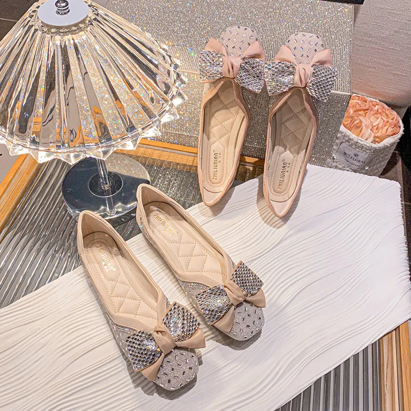 Square Toe Flats Shoes for Women's 2023 New Bow Knot Rhinestone Soft Sole Loafers Large Size Zapatos De Mujer Lolita Shoes