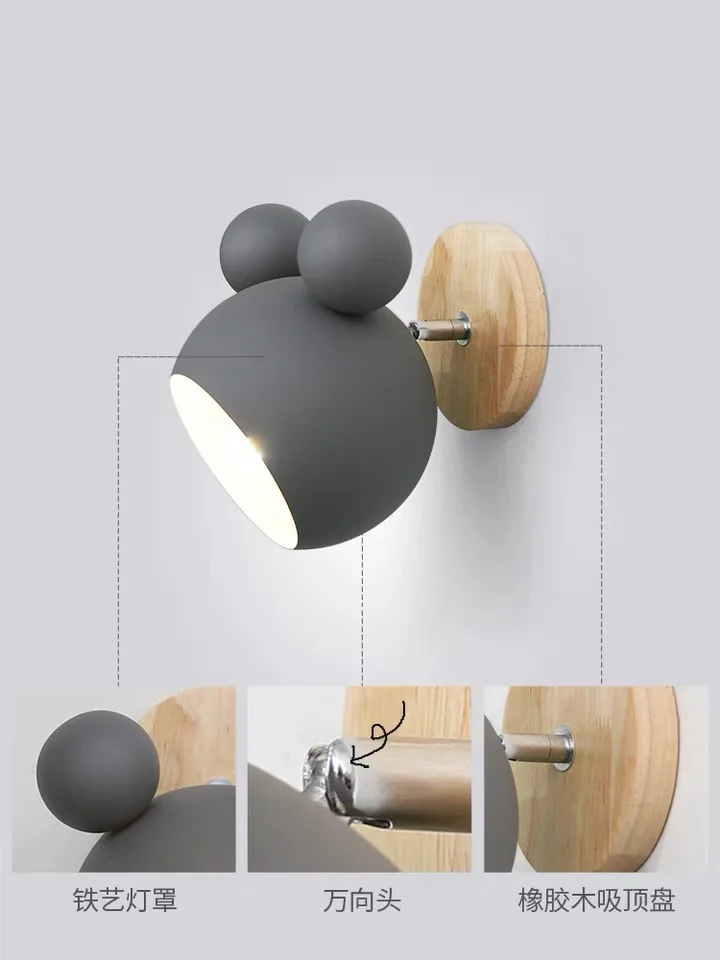

Modern simple Mickey cartoon wall lamp bedroom pink Macaron baking paint round bedside lamp house decoration simple lamp