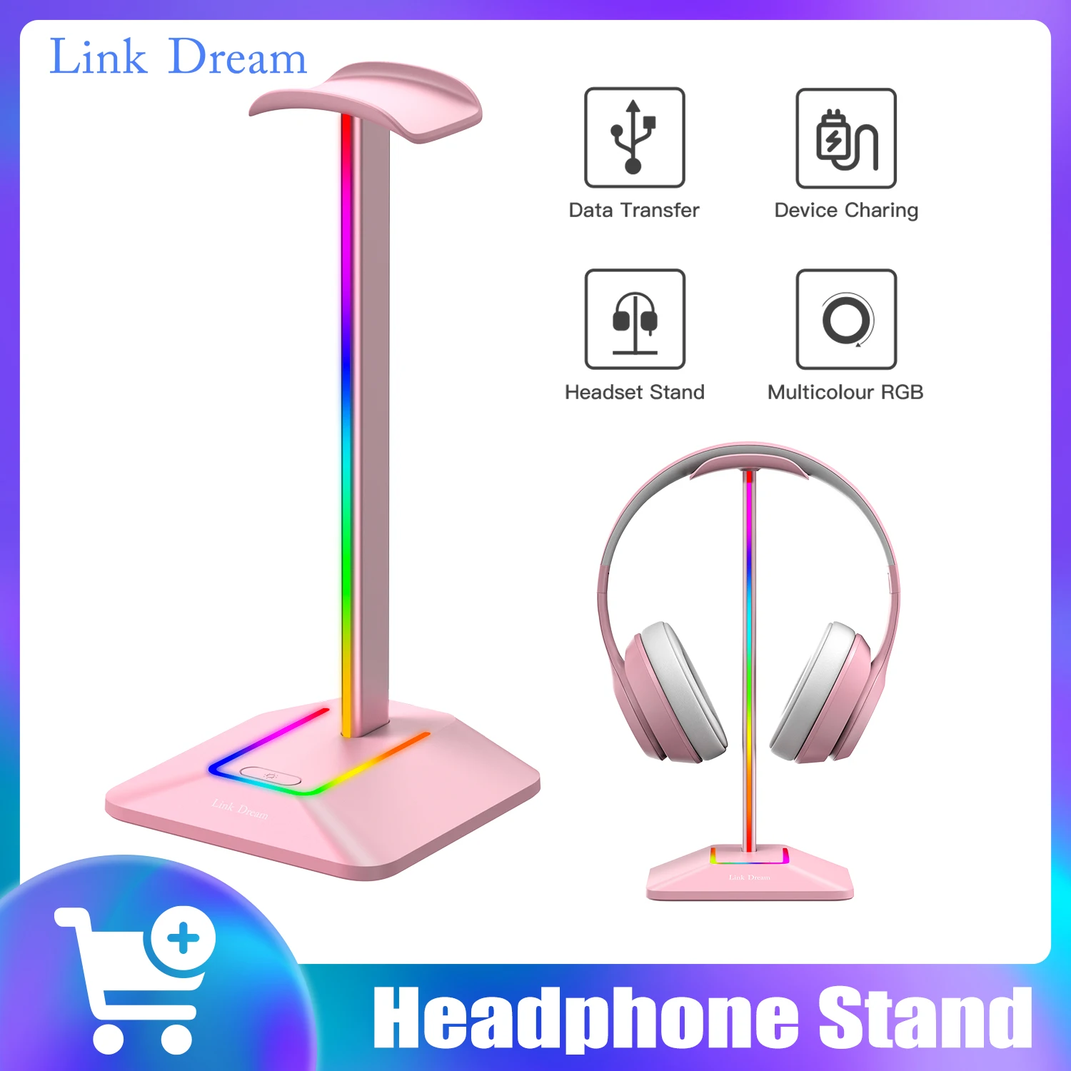 Link Dream Pink RGB Headphone Stand with Type-c USB Ports Holder Gaming Headsets Stand for Gamers Gaming PC Accessories Desk