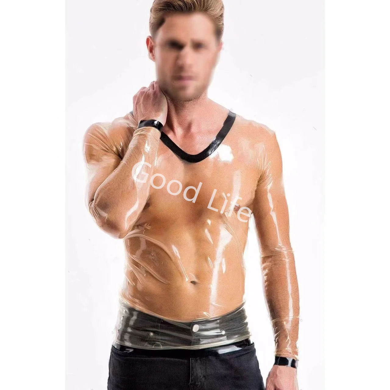 

Прозрачные латексные резиновые футболки Gummi V-образной формы с длинными рукавами с отделкой на заказ