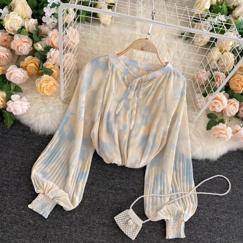 

Women's V-neck Puff Sleeves Loose Pleated Slim Slim-fit Tie-dye Chiffon Top for 2023 Spring and Autumn New Shirts Women Fashion