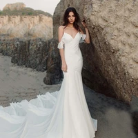 2022 simple spaghetti strap sexy v neck off shoulder mermaid wedding dress for bride cut out back tulle train robe de mariee