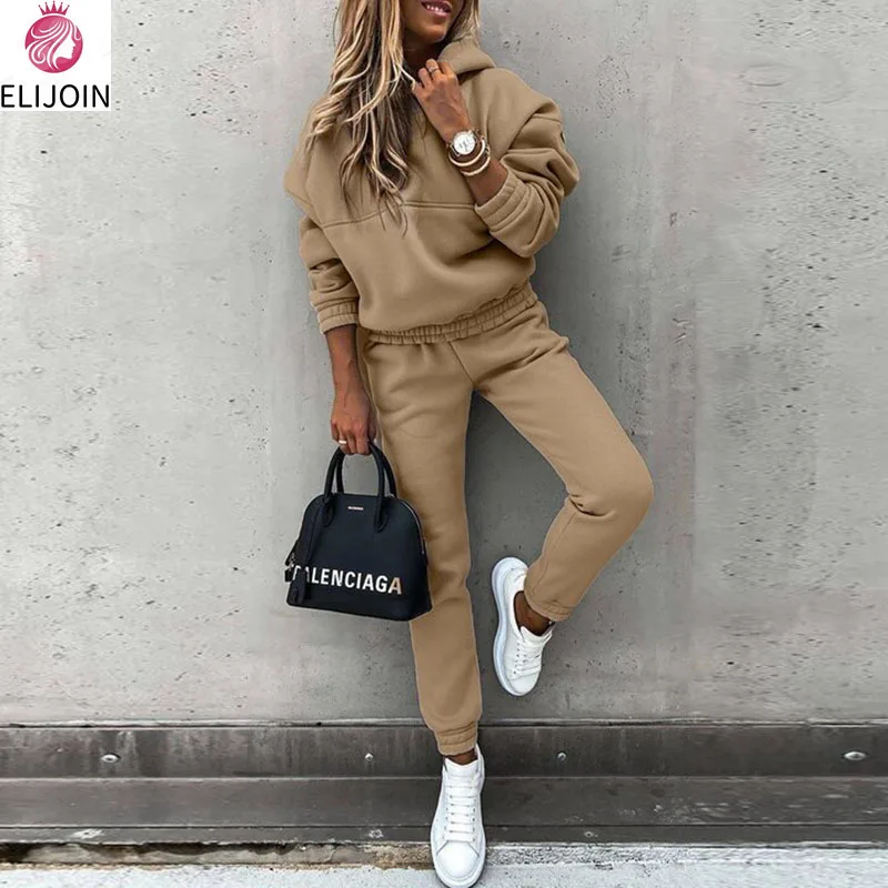 

ELIJOIN2022 Solid Color Long Sleeve Sports Hooded Suit Autumn and Winter New Women's Sports and Leisure Sweater Set 2-piece Set