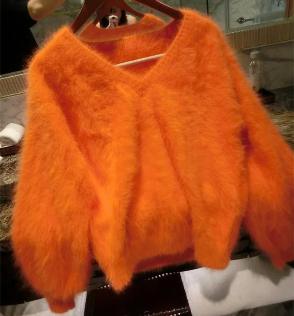 

natural knitted mink New cashmere pullovers women's fashion knit V-neck sweater outwear custom big size