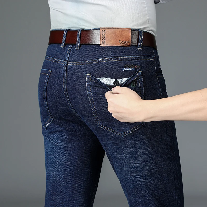Four Seasons New Men's Anti-Theft Button Jeans Business Fashion Loose Straight Casual Denim Trousers Male Brand Stretch Pants