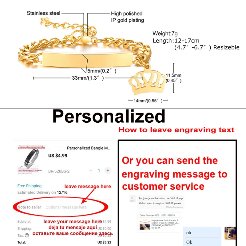 Индивидуальный детский браслет с именами из нержавеющей стали цепочкой короной
