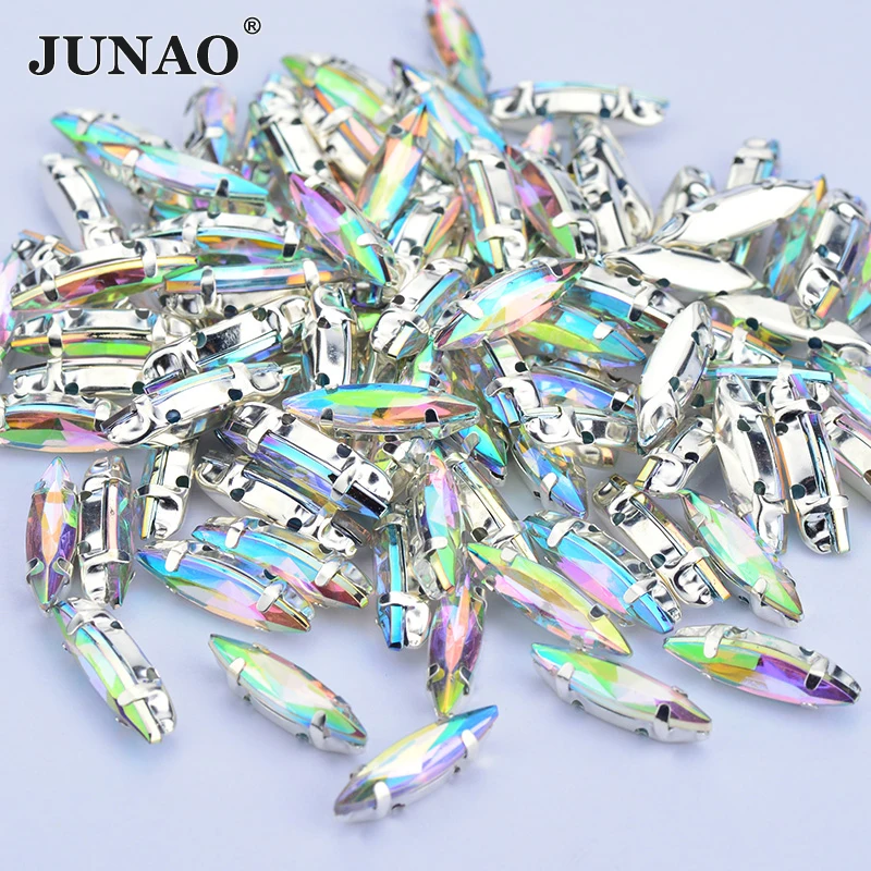 

JUNAO 100Pcs 4*15mm Sewing Crystal AB Claw Horse Eye Rhinestones Applique Flatback Acrylic Crystals Stones For Jewelry Making