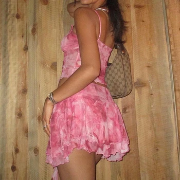 Women Sling Crop Top and Skirt Two-piece Y2k Spaghetti Straps Tops Short Skirt Mesh Ruffles Sleeveless Slim Fit Summer Dress Set 1