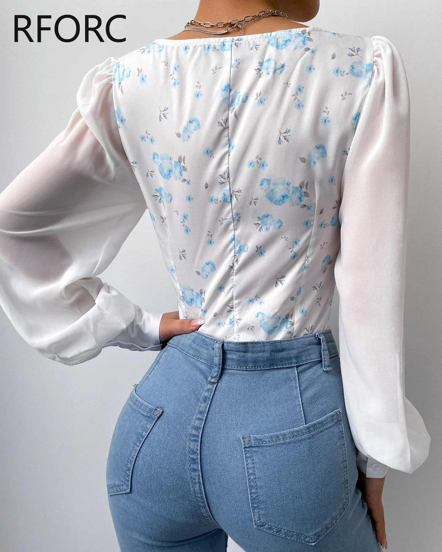 Женская шифоновая блузка с длинным рукавом-фонариком и квадратным вырезом