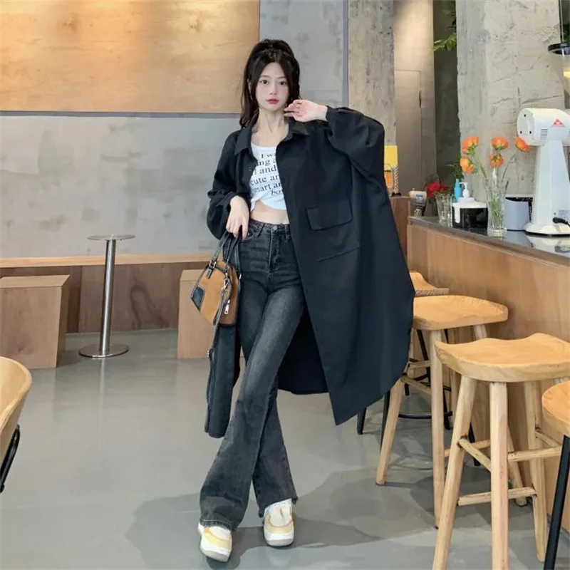 Женский свободный тренчкот средней длины Однотонная рубашка с рукавом летучая