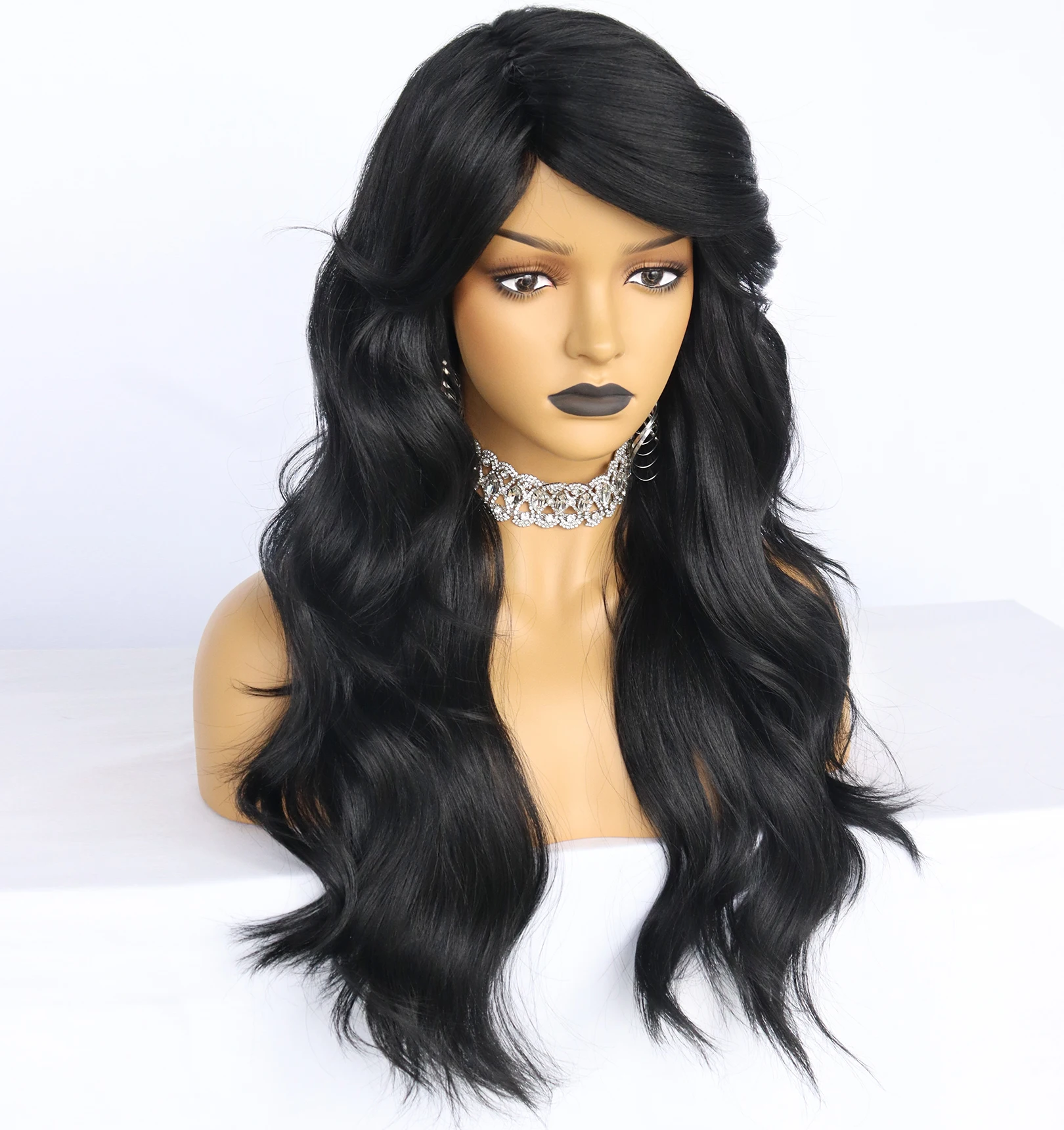 JONETING 24inch Highlight Black Blonde Synthetic Wig with Bangs Multi-color Heat Resistant Fiber Wavy Hair Cosplay Wig Halloween