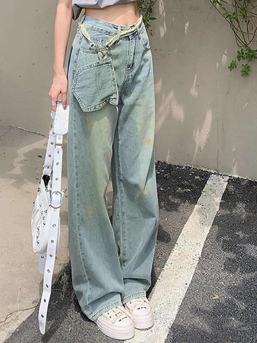 

Blue Vintage Baggy Women's Jeans Wide Leg High Waist Streetwear Design Straight Jean Pants Fashion Chic Straight Denim Trousers