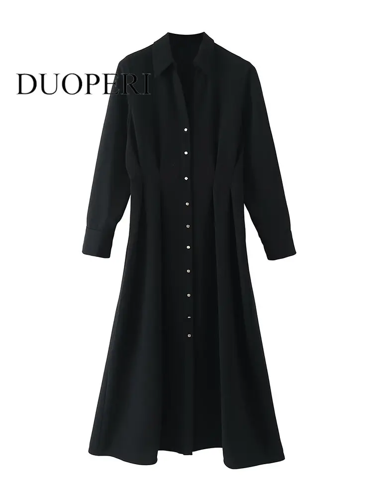 

DUOPERI женское модное однотонное Плиссированное однобортное платье миди винтажное платье с воротником с лацканами и длинными рукавами женск...