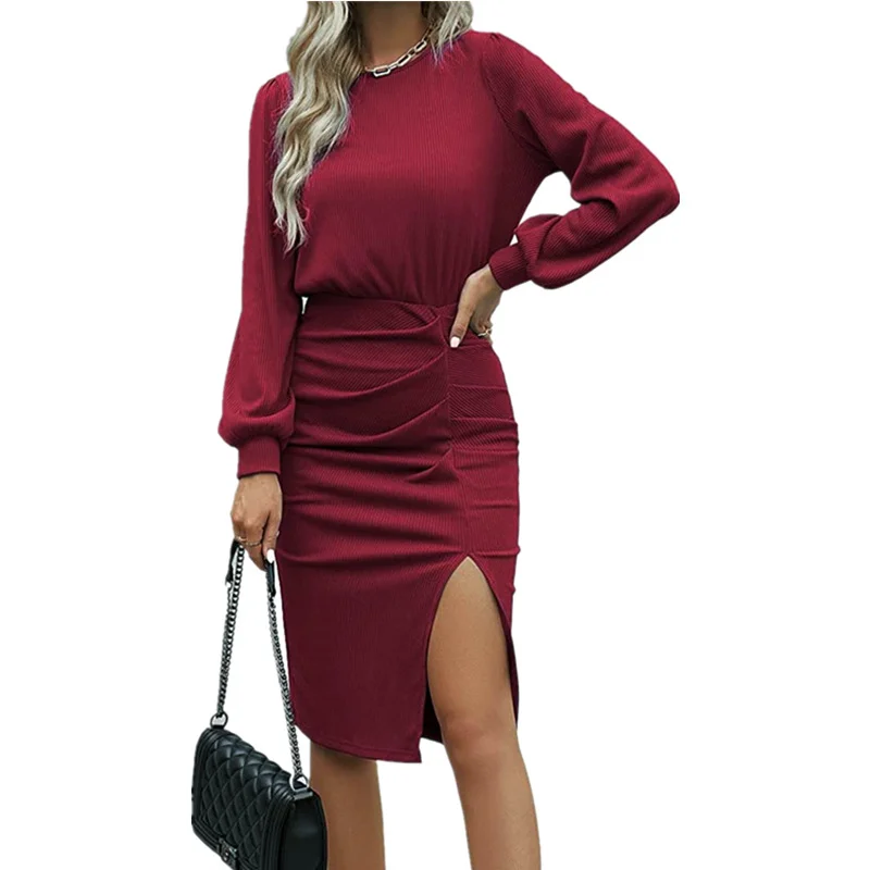 Купи Y2k Autumn Casual Solid O-Neck Party Dress Women Elegant Long Sleeve Pleated Beach Dress Ladies Fashion Twist Slit Bodycon Dress за 446 рублей в магазине AliExpress