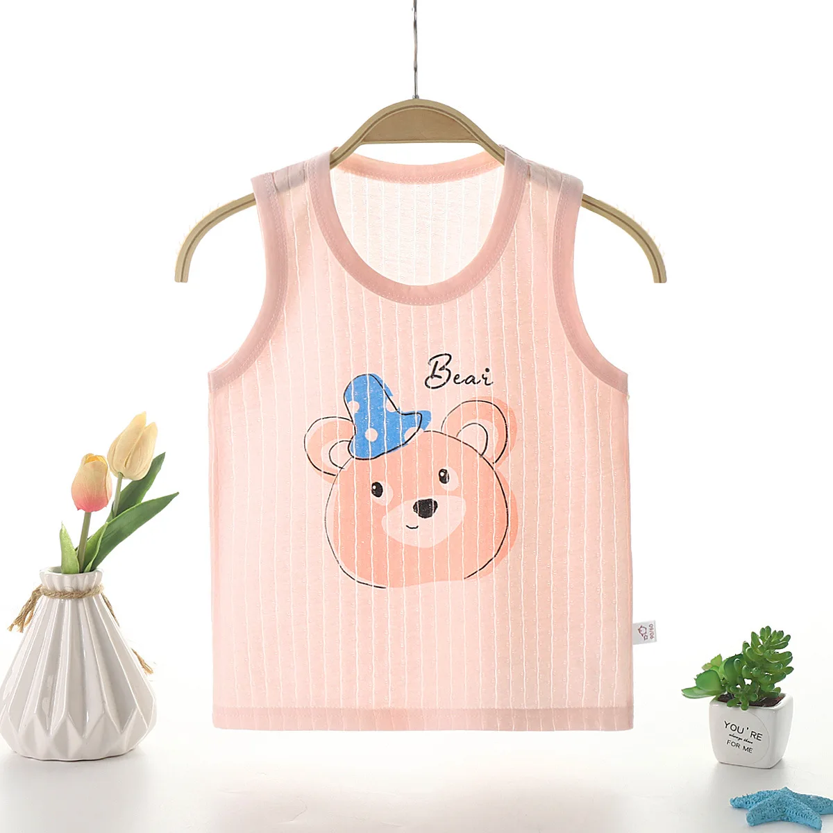 

2022 Summer New Cotton Vest, Long-staple Cotton, Silky, Breathable, Cute Cartoon Bottoming Shirt for Young Boys Aged 3-8 2PCS