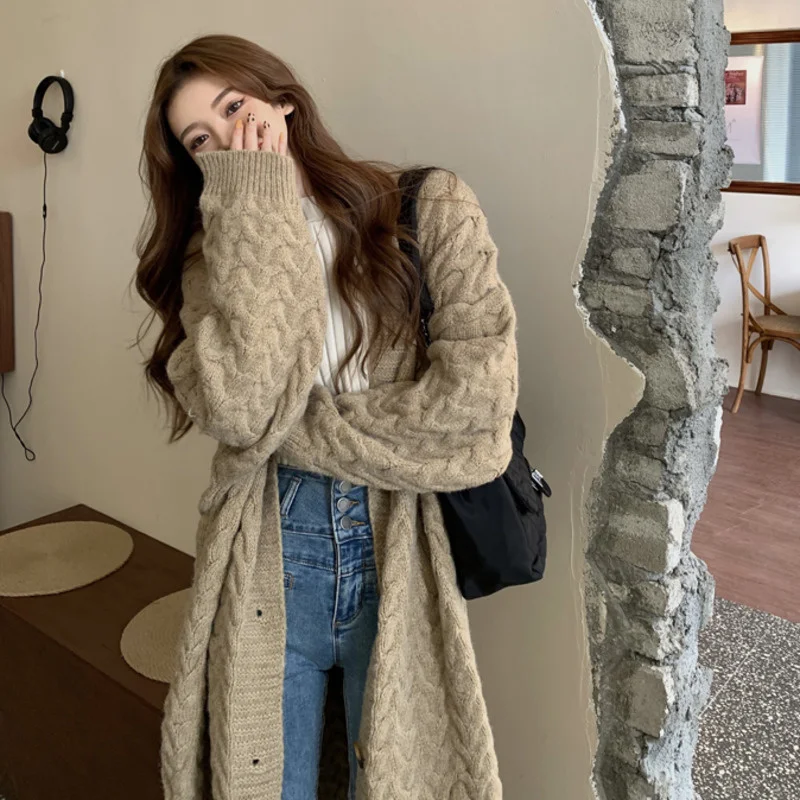 

Korean Vintage Midi Cardigan Tops Sweaters Woman Fall Winter Knitted Jackets Single Breasted Loose Long Coat Pull Vetement Femme