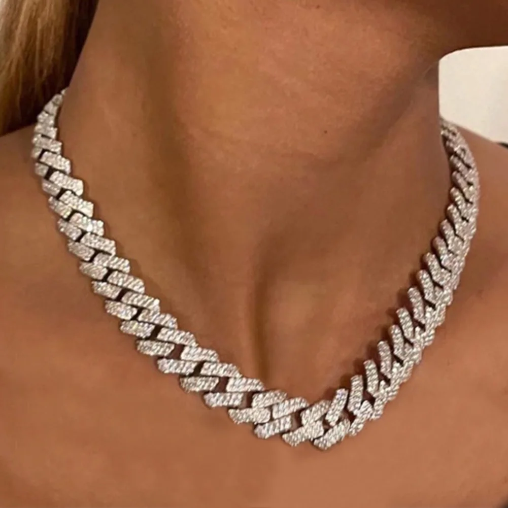 

14mm Iced Out Prong Cuban Link Chain Necklace for Women Men Hip Hop Clustered Paved Rhinestone Choker Necklace Luxury Jewelry