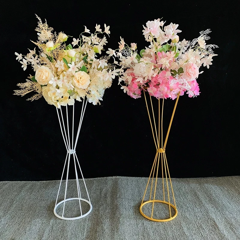 

2pcs Flower Vases Gold/ White Flower Stands Metal Road Lead Wedding Centerpiece Flowers Rack For Event Party Decoration
