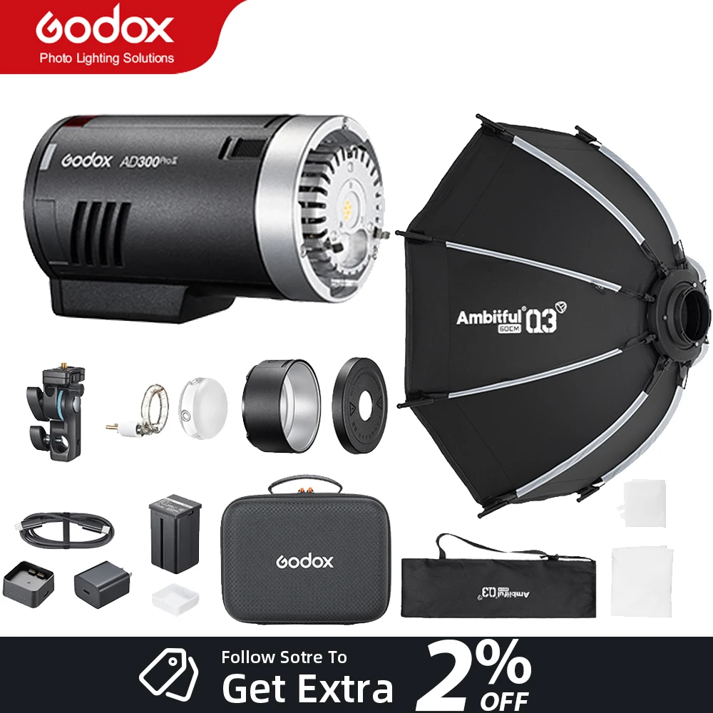Фото Флэш-вспышка Godox AD300PROII с кольцевым светом SA-GD, софтбоксом Q3-60см и решеткой, стробоскоп TTL HSS 12W, комплект для моделирования света Bi-color №2