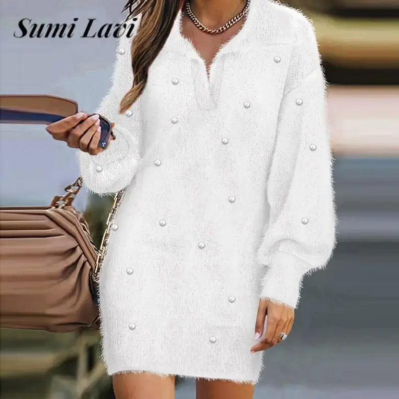 

Casual Solid Color Nail Beads Mini Dress Fashion Ladies Lapel Long Sleeve All-match Dress Early Autumn Women Fluffy Loose Dress