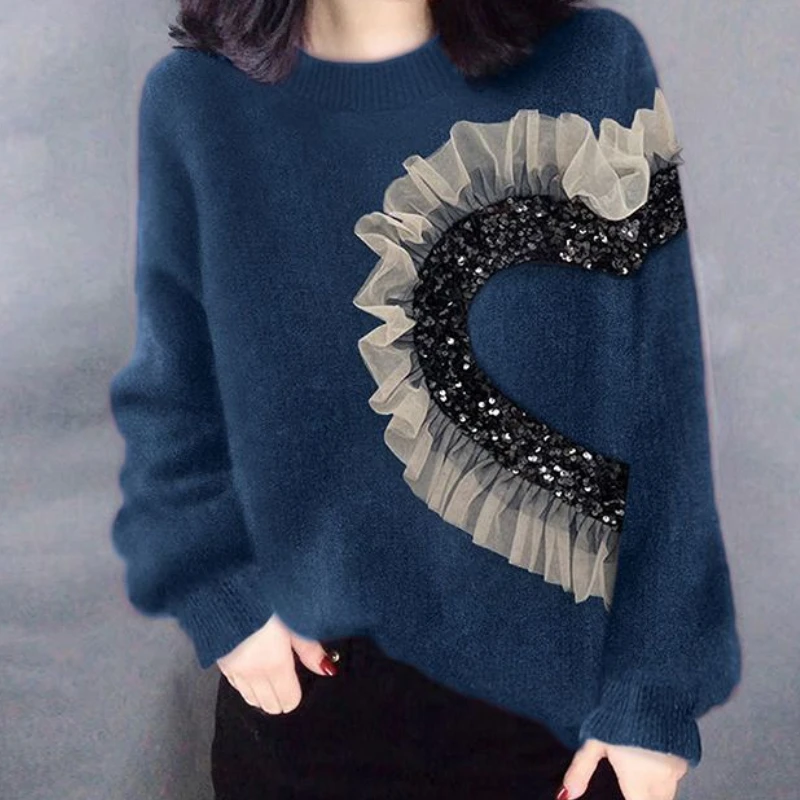 

Lace Heart Print Knit Sweater Korean Style Sweet Pullover Sweater Autumn Winter Round Neck Long Sleeve Sweater for Female 2022