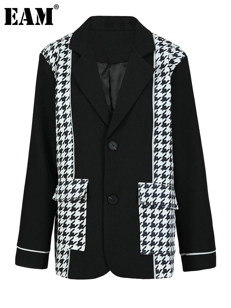 

[EAM] Women Black Plaid Big Size Casual Blazer New Lapel Long Sleeve Loose Fit Jacket Fashion Tide Spring Autumn 2023 1DF6383