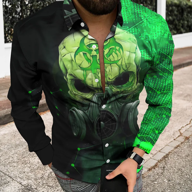 

Skull 3D Printing Men Shirts Slim Fit Designer Shirt Button Lapel Top Spring Casual Long Sleeve Tops Retro Shirt Men's Clothing
