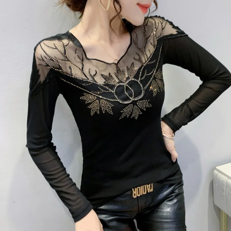 

#5824 Black Red Skinny T Shirt Women Spliced Gauze Diamonds Sexy Club Korean Style Woman T-shirts Thin Square Collar Spring 2022